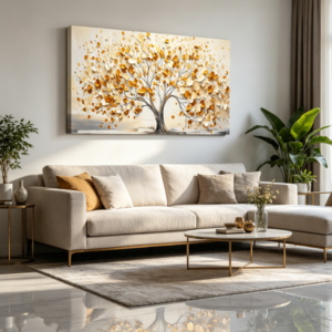 Large Tree of Life Canvas Wall Art, Abstract Yellow Tree Painting, Framed Decorative Print Ready to Hang 20x40in for Living Room Bedroom
